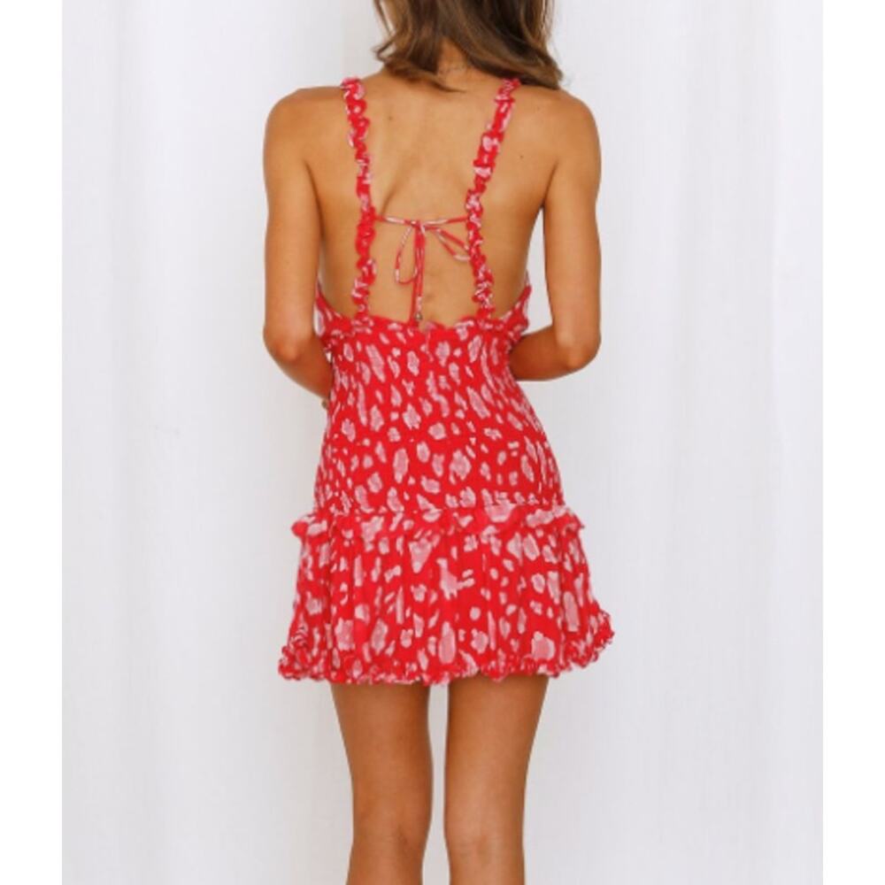 Hello Molly On The Ground red pink printed v-neck mini dress ruffle small 4 NWT - Picture 3 of 8